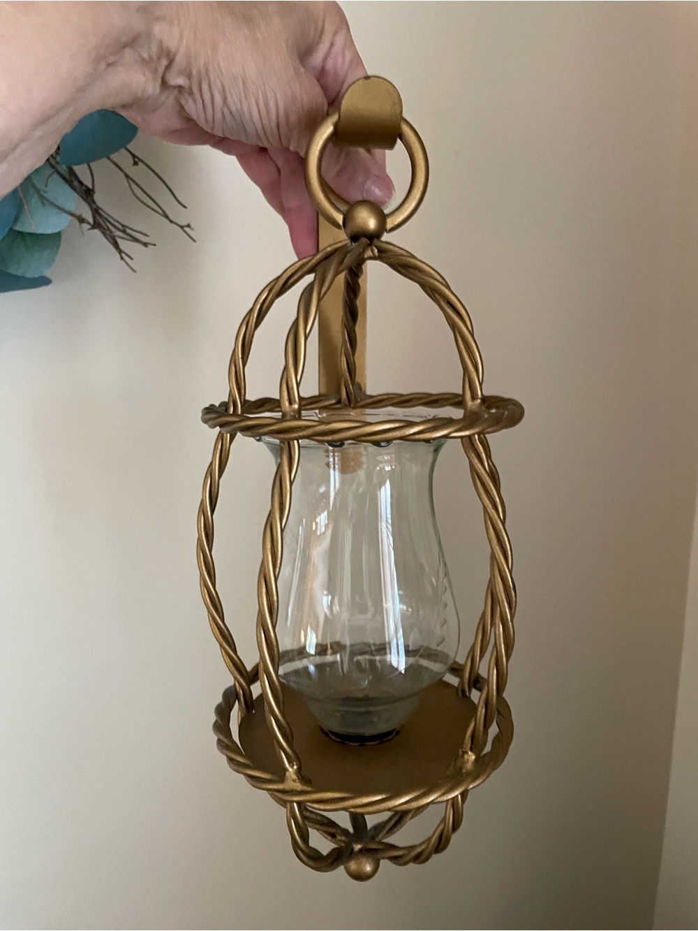 Gold Metal Glass Hanging Light Lantern Hollywood Regency Mid Century Glam